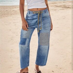 Blue Boyfriend Patchwork Jeans with Raw Hem